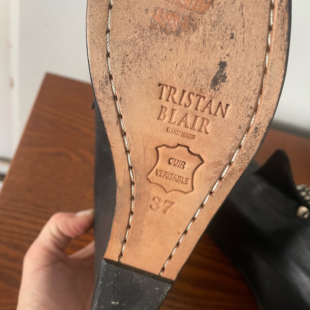 Handmade Tristan Blair black booty with heel zipper and silver studding.